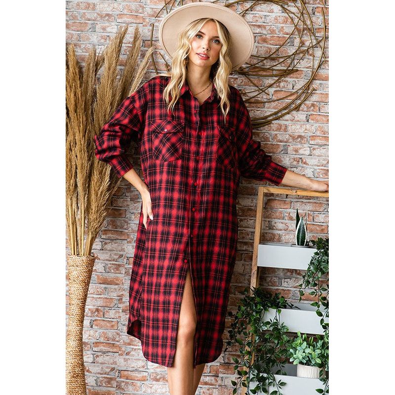 PLAID PRINT LONG SHIRT DRESS in RED 1025 – The Velvet Angel