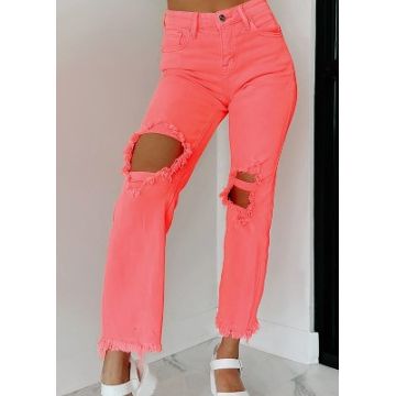 Neon pink fashion distressed jeans