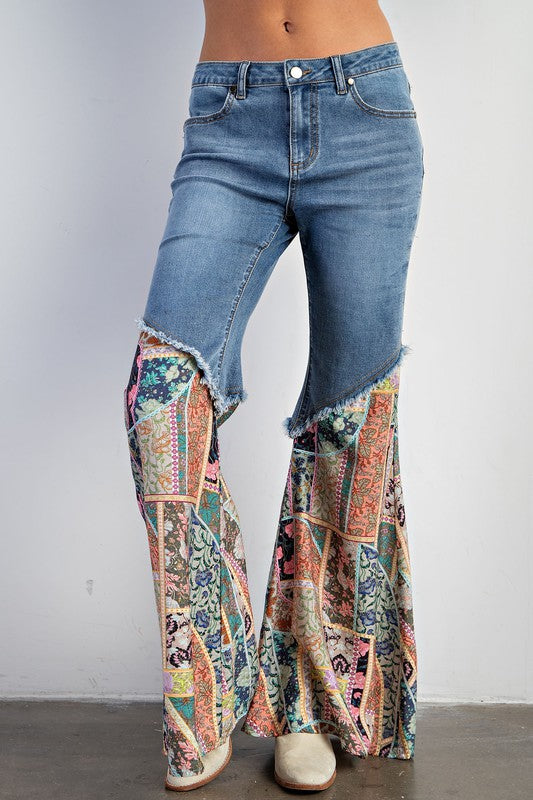 EASEL PRINT BOTTOM DENIM JEANS, 55870