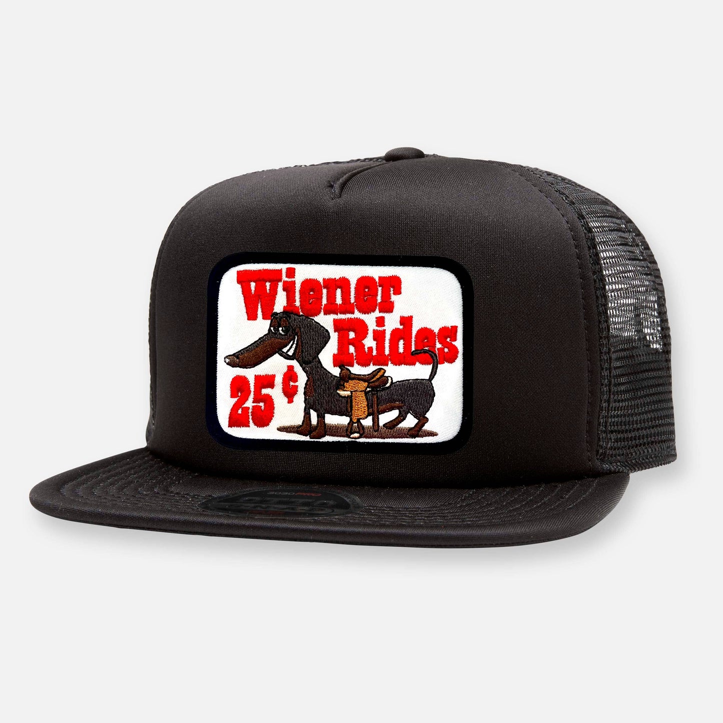 WIENER RIDES FLAT BILL PATCH HAT: Black