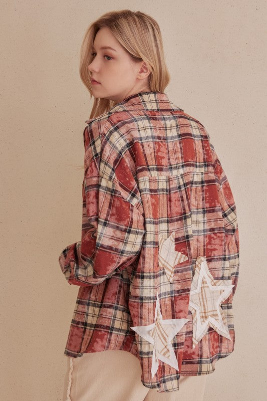 PLAID TOP in RUST w/STARS