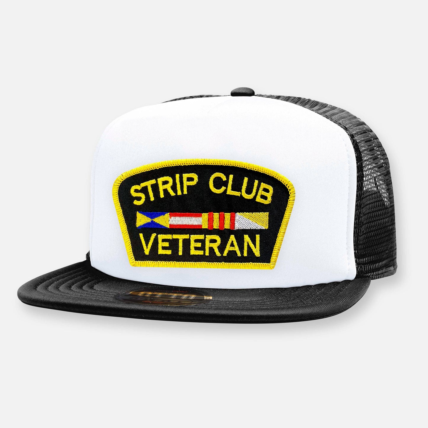 STRIP CLUB VETERAN FLAT BILL PATCH HAT: Black