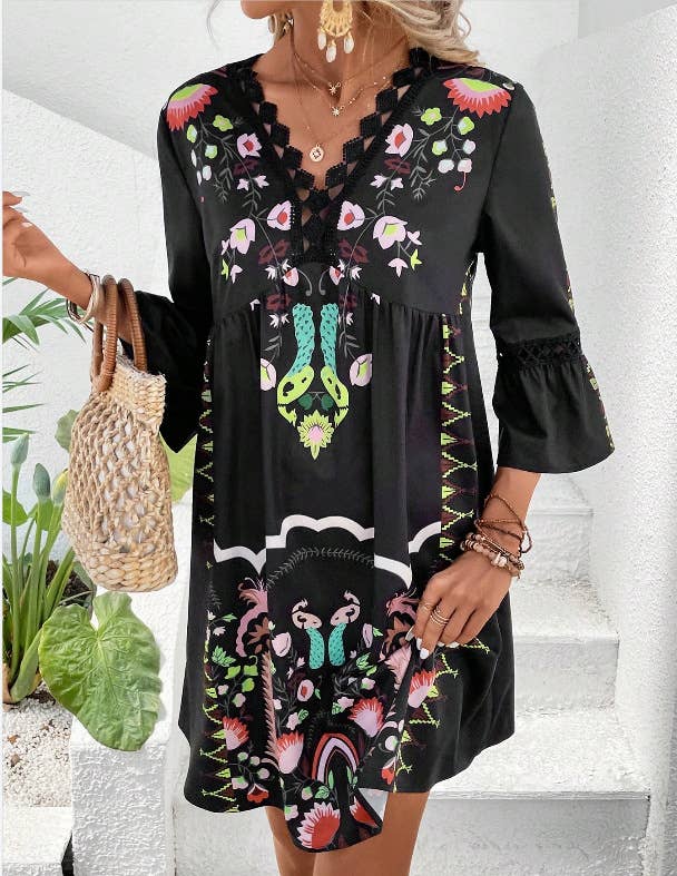 Casual Vintage Print Dress in Black