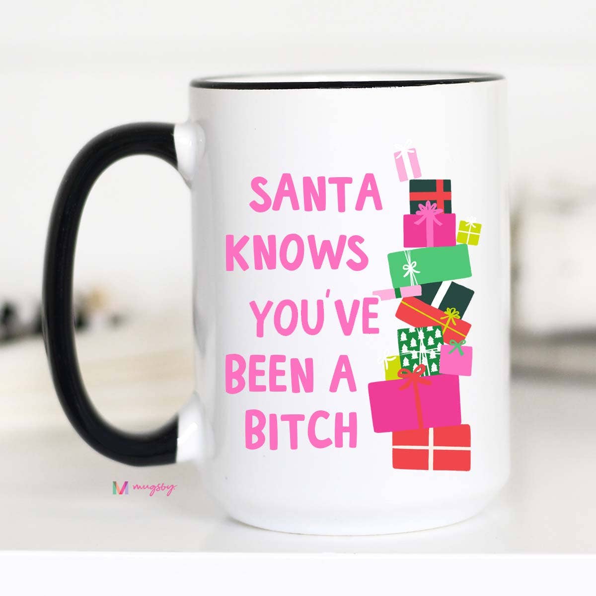 Santa Knows Funny Christmas Mug, Ceramic Mug, Christmas: All White / 15oz