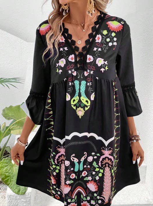 Casual Vintage Print Dress in Black