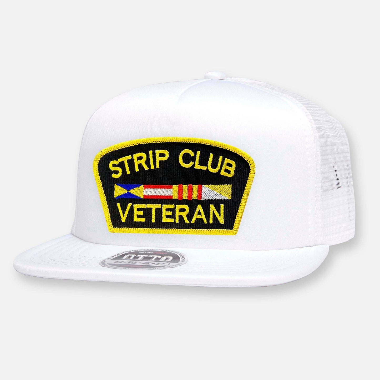 STRIP CLUB VETERAN FLAT BILL PATCH HAT: Black