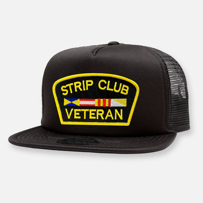 STRIP CLUB VETERAN FLAT BILL PATCH HAT: Black