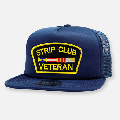 STRIP CLUB VETERAN FLAT BILL PATCH HAT: Black