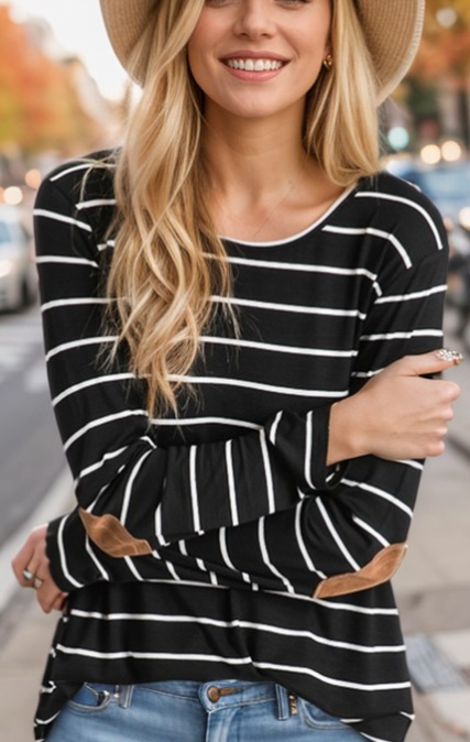 STRIPED TOP in BLACK/IVORY BROWN PATCH U1376-11