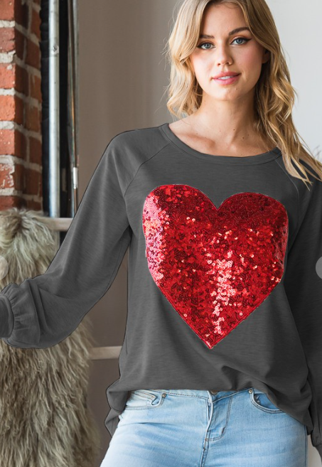 SEQUIN HEART TOP in CHARCOAL 7011