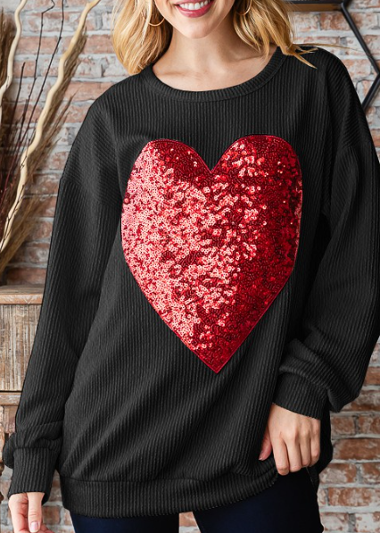 SEQUIN HEART RIBBED TOP in BLACK 7431