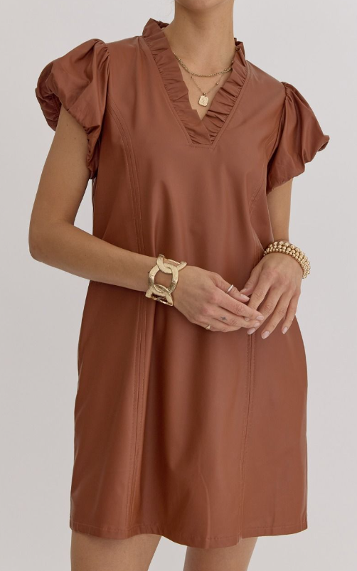 ENTRO FAUX LEATHER DRESS in COGNAC