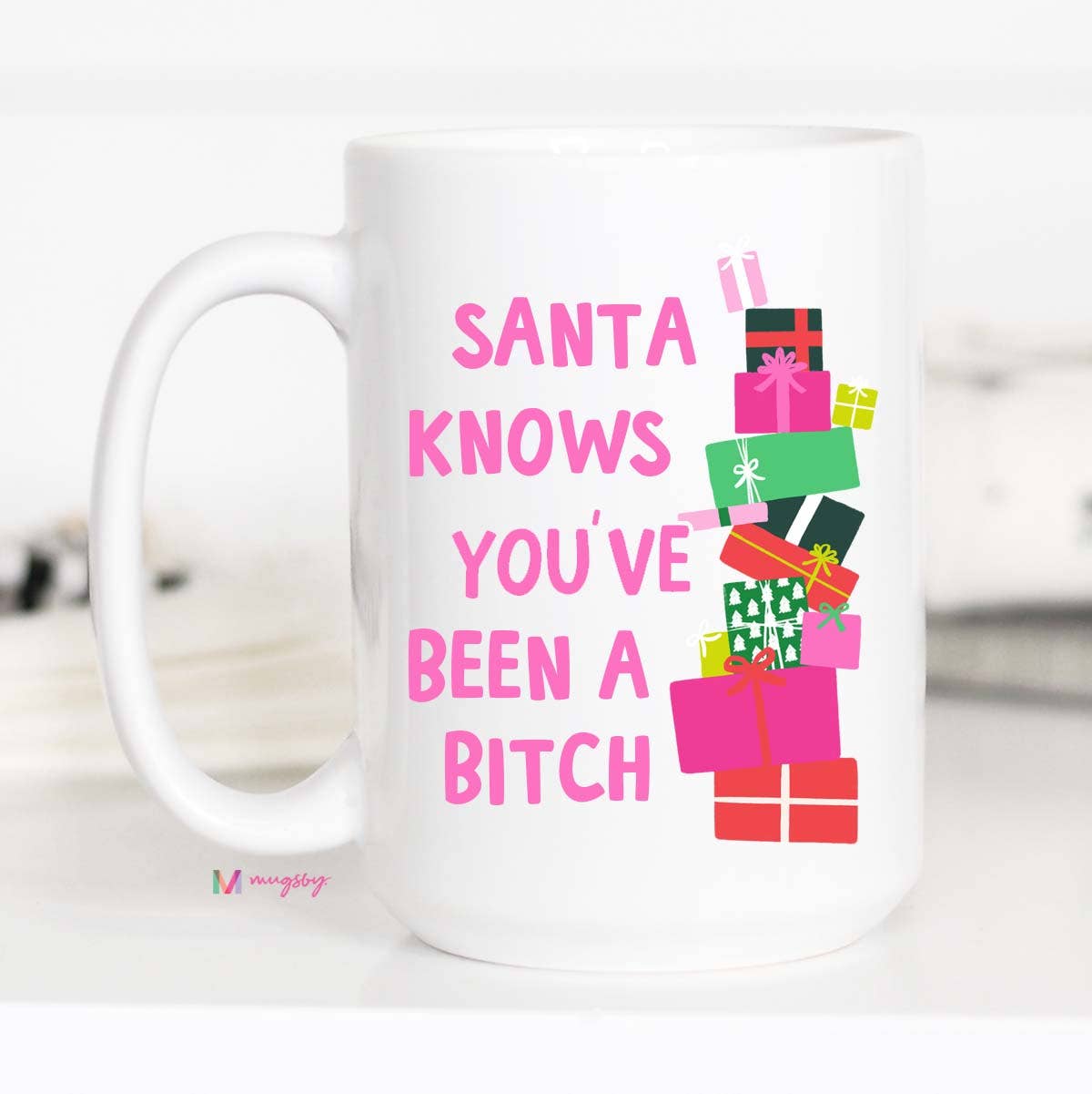 Santa Knows Funny Christmas Mug, Ceramic Mug, Christmas: All White / 15oz