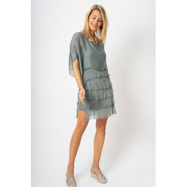 X MADE IN ITALY SILK RUFFLE DRESS W/SLEEVE~ 64887